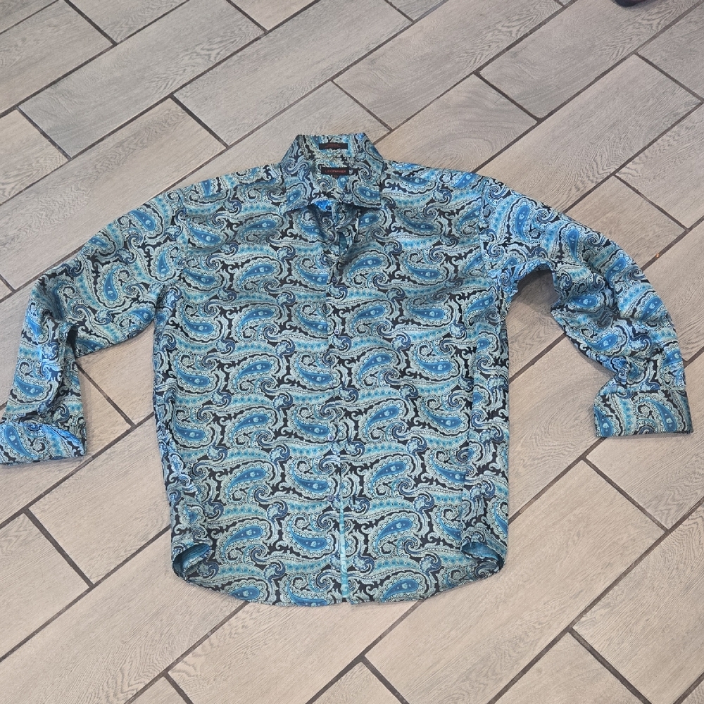 Leonardi Men’s Paisley‎ Dress Shirt 3XL Long Sleeve Blue Black 4101